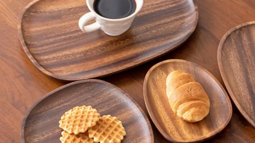 Walnut-look tray and dessert table scene